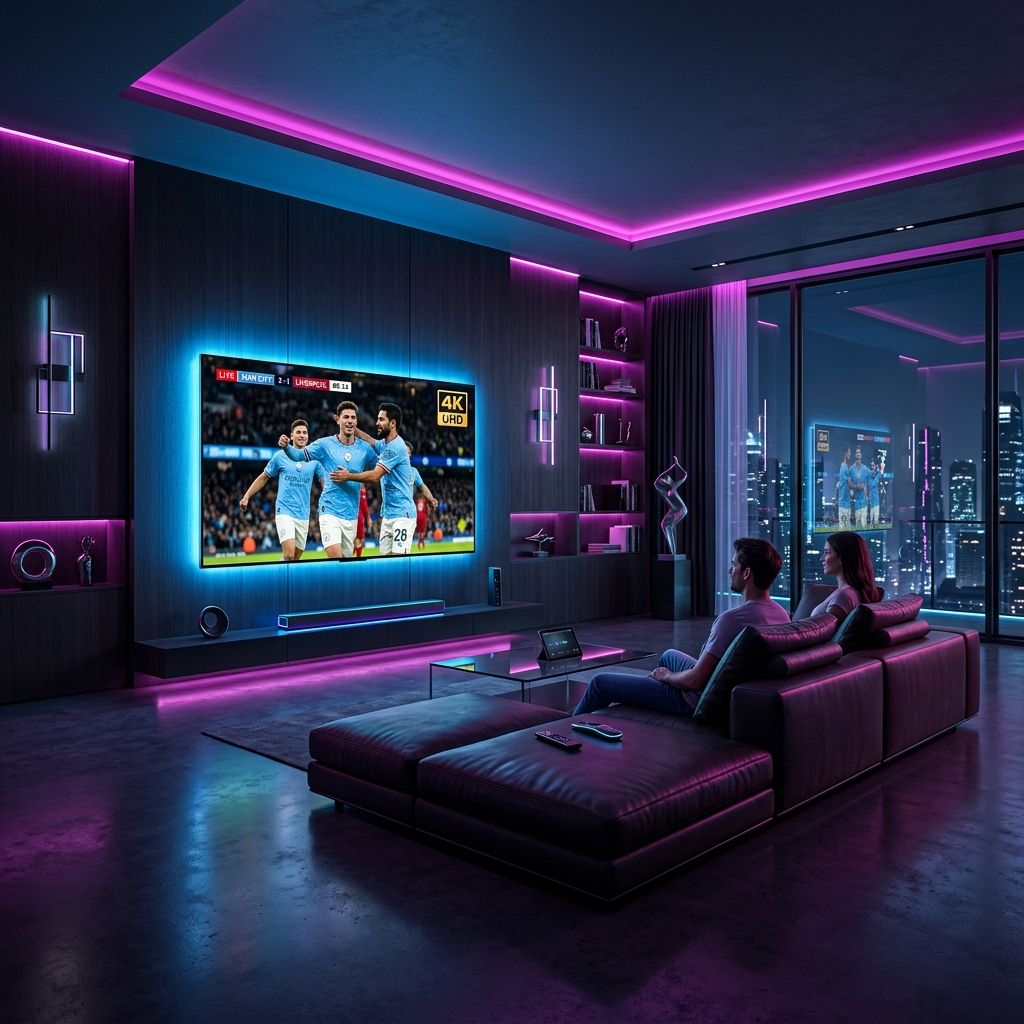 TV DUBAI Premium IPTV subscription showing 4K streams on home OLED TV screen